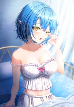 1girl absurdres ahoge armpit_crease bed blue_hair blush breasts camisole cleavage collarbone elf hair_between_eyes hair_ornament heart heart_ahoge highres hololive large_breasts midriff navel official_alternate_costume ogata_sai one_eye_closed open_mouth pointy_ears sleepy snowflake_print solo stomach tears virtual_youtuber white_camisole yellow_eyes yukihana_lamy yukihana_lamy_(roomwear)