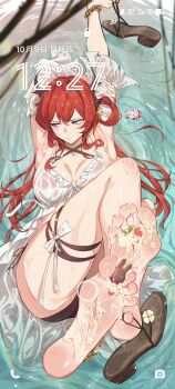 1girl absurdres arknights barefoot between_toes chocolate cream feet hao_guangze_yu highres light_blush long_hair looking_to_the_side purple_eyes red_hair sandals shoes soles surtr_(arknights) toes unworn_sandals unworn_shoes