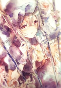 1girl absurdres ascot bird blonde_hair cage commentary_request flandre_scarlet hat highres in_cage kamu_kotan mob_cap red_eyes red_skirt red_vest skirt skirt_set solo touhou traditional_media vest white_hat wrist_cuffs yellow_ascot