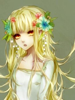 1girl artist_request blonde_hair character_request dress female_focus flower leaves open_mouth pearl rose simple_background solo tagme white_dress yellow_eyes