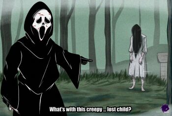 1boy 1girl black_hair dead_by_daylight english_text frank_araya ghostface hair_over_eyes hair_over_face highres hood hooded_coat horror_(theme) long_hair mask meme one-punch_man parody pointing scream_(movie) the_ring tree well yamamura_sadako