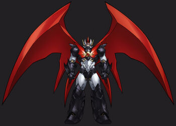absurdres arms_at_sides black_background chinese_commentary clenched_hands commentary_request full_body glowing glowing_eyes highres legs_apart looking_at_viewer mazinger_(series) mazinkaiser mazinkaiser_(robot) mecha mecha_focus mechanical_wings no_humans onion_maru robot science_fiction simple_background solo standing super_robot wings yellow_eyes