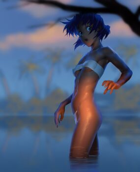 1girl :o abs absurdres armpits ass bandeau bare_shoulders blue_sky blurry blurry_background blurry_foreground bob_cut breasts cloud commentary covered_erect_nipples cowboy_shot dark-skinned_female dark_skin foliage from_side fushigi_no_umi_no_nadia green_eyes highres looking_at_viewer looking_to_the_side maebari nadeara_bukichi nadia_la_arwall navel no_pants open_mouth palm_tree partially_submerged purple_hair reflection reflective_liquid short_hair sky small_breasts solo strapless surprised toned toned_female tree tube_top underboob wading water white_bandeau white_tube_top
