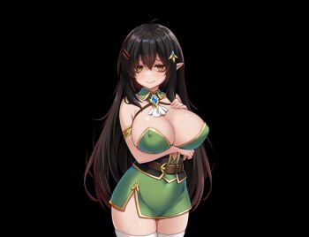 black_hair blush breasts closed_mouth dress elf green_dress hair_ornament hand_on_own_chest huge_breasts long_hair looking_at_viewer non-web_source original paon pointy_ears revealing_clothes simple_background smile standing transparent_background yellow_eyes