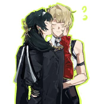 Rule 34 | 2girls, arm strap, astra yao, bare shoulders, black choker, black coat, black gloves, black hair, black pants, blonde hair, blush, borrowed clothes, chest harness, choker, closed eyes, closed mouth, coat, commentary, earrings, english commentary, evelyn chevalier, flying sweatdrops, gloves, green outline, hair intakes, hairband, hand on another's back, hand on another's face, harness, high-waist pants, highres, jewelry, kiss, kissing cheek, light smile, long hair, multiple girls, outline, pants, partially fingerless gloves, pendant choker, red shrug, ring hair ornament, sanguinegaze, shirt, shrug (clothing), simple background, white background, white hairband, white shirt, yuri, zenless zone zero