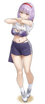 1girl absurdres blue_shorts blush bob_cut bra breasts cleavage commentary_request floral_print_bra full_body gridman_universe gym_shirt gym_shorts gym_uniform highleg highleg_panties highres large_breasts looking_at_viewer nail_polish navel panties panty_straps parted_lips purple_bra purple_hair purple_nails red_eyes saya_endo_(27) shinjou_akane shirt shoelaces shoes shorts sneakers solo ssss.gridman underwear undressing white_shirt white_shoes white_shorts