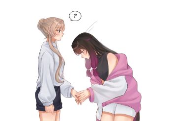 2girls ? arm_at_side black_hair black_shirt black_shorts blonde_hair braid braided_base bun_with_braided_base calermine columbina_(genshin_impact) commentary cowboy_shot from_side genshin_impact gradient_hair hair_bun highres holding_hands jacket jacket_partially_removed leaning_forward long_hair long_sidelocks long_sleeves looking_at_another looking_down motion_lines multicolored_hair multiple_girls pink_jacket profile purple_hair sandrone_(genshin_impact) shirt short_shorts shorts sidelocks simple_background single_hair_bun sleeveless sleeveless_shirt speech_bubble spoken_question_mark standing straight_hair sweater very_long_hair wavy_hair white_background white_shorts white_sleeves white_sweater yuri