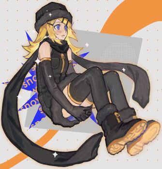 Rule 34 | 1girl, alternate costume, alternate hair length, alternate hairstyle, bare shoulders, black boots, black dress, black gloves, black hat, black scarf, black thighhighs, blue eyes, blush, boots, closed mouth, dress, elbow gloves, fur-trimmed boots, fur-trimmed dress, fur hat, fur trim, gloves, hair ornament, hairclip, hashtag-only commentary, hat, headset, highres, kagamine rin, kasumi (chlorine 4to1), long hair, looking afar, scarf, sleeveless, sleeveless dress, solo, sparkle, thighhighs, vocaloid, zettai ryouiki, zipper dress