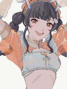 Rule 34 | 1girl, :d, absurdres, arms up, black hair, blue nails, blunt bangs, braid, breasts, brown eyes, cropped jacket, highres, idolmaster, idolmaster shiny colors, long hair, looking at viewer, maid headdress, mayuzumi fuyuko, medium breasts, navel, open mouth, puffy short sleeves, puffy sleeves, see-through clothes, see-through sleeves, short sleeves, sidelocks, simple background, smile, solo, subro, twin braids, upper body, v, white background