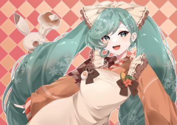 1girl 1other absurdres apron bow checkered_background chef_hat chinese_spoon commentary fork_hair_ornament green_eyes green_hair hair_bow hair_ornament hat hatsune_miku highres japanese_clothes kimono light_blush long_hair long_sleeves looking_at_viewer official_alternate_costume official_alternate_hairstyle open_mouth orange_kimono rabbit rabbit_yukine sleeves_past_wrists smile snowflake_print sutchcliff twintails upper_body very_long_hair vocaloid white_apron white_bow wide_sleeves yuki_miku yuki_miku_(2024)