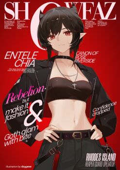 1girl alternate_costume arknights artist_name bandeau belt black_bandeau black_belt black_jacket breasts choker cleavage commentary cone_hair_bun cover cropped_jacket cross cross_necklace dzyyeee english_commentary english_text entelechia_(arknights) fake_magazine_cover green_pants hair_bun hands_on_own_hips highres jacket jewelry looking_at_viewer magazine_cover medium_breasts navel necklace pants pointy_ears red_background red_eyes short_hair simple_background slit_pupils smile solo stomach