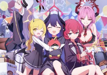 Rule 34 | 5girls, blonde hair, blue archive, breasts, chiaki (blue archive), halo, highres, horns, ibuki (blue archive), iroha (blue archive), makoto (blue archive), mole, mole on breast, multiple girls, pandemonium society (blue archive), peroro (blue archive), pointy ears, purple hair, red hair, s panda k, satsuki (blue archive), smile, tail, white hair