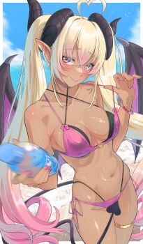 1girl ahoge armpit_crease beach bikini black_bikini blonde_hair blue_sky border bottle bracelet breasts cleavage cloud cloudy_sky collarbone commentary commission criss-cross_halter crossed_bangs dark-skinned_female dark_skin demon_girl demon_horns demon_tail demon_wings earrings english_commentary finger_under_clothes gradient_hair gyaru hair_between_eyes halterneck heart heart_ahoge highres holding holding_bottle horns jewelry layered_bikini long_hair looking_at_viewer medium_breasts motion_blur multicolored_hair nail_polish navel o-ring o-ring_top original outdoors ozzyart_0221 pink_bikini pink_eyes pink_hair pink_nails pixiv_commission side-tie_bikini_bottom skindentation sky smile solo stomach strap_lift sweat swimsuit tail thighlet thighs very_long_hair water_bottle white_border wings
