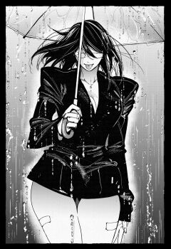 1girl :p bandaid_on_thigh black_border black_dress border commentary dress hachinuki_tessei hair_between_eyes highres holding holding_umbrella jimiko jitome looking_at_viewer medium_hair mob_face moire original rain she_(hachinuki_tetsuyo) short_dress solo straight-on thigh_gap tongue tongue_out umbrella