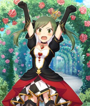 1girl :o alice's_adventures_in_wonderland arch arms_up black_dress black_gloves black_skirt black_thighhighs blush breasts checkered_clothes checkered_skirt cleavage clenched_hands collarbone cosplay crown day dot_nose dress elbow_gloves floral_arch flower game_cg gazebo gem gloves gold_crown green_eyes green_hair heart_pendant layered_skirt looking_at_viewer medium_breasts medium_hair multicolored_dress nagae_futaba official_art open_mouth outdoors pendant_choker pink_flower pink_rose queen_of_hearts_(alice_in_wonderland) queen_of_hearts_(alice_in_wonderland)_(cosplay) red_gemstone red_skirt rose skirt solo thighhighs third-party_source tilted_headwear toji_no_miko toji_no_miko:_kizamishi_issen_no_tomoshibi twintails two-tone_skirt v-shaped_eyebrows white_dress white_skirt