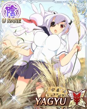 Rule 34 | 1girl, :o, animal, blue necktie, blue skirt, border, breasts, card (medium), character name, eyepatch, game cg, hanzou academy school uniform, holding necktie, holding wheat, large breasts, leaning back, long hair, necktie, ninto (senran kagura), official art, rabbit, red eyes, school uniform, senran kagura, senran kagura new wave, shuriken hair ornament, skirt, solo, surprised, third-party source, twintails, very long hair, wheat field, white hair, yagyu (senran kagura)