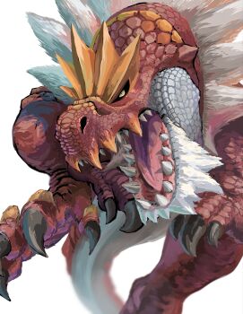 anjanath brown_scales claws commentary_request dinosaur full_body fusion gen_6_pokemon highres komagome looking_at_viewer monster_hunter_(series) nintendo no_humans open_mouth pokemon pokemon_(creature) pokemon_focus solo tyrannosaurus_rex tyrantrum white_scales