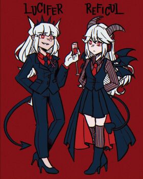 2girls crossover demon_girl demon_horns demon_tail demon_wings dusty-cakerie formal_clothes funamusea haiiro_teien helltaker highres horns long_hair lucifer_(helltaker) multiple_girls red_background red_eyes reficul_(funamusea) tail white_hair wings