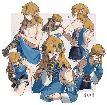 1boy blonde_hair detached_sleeves dressing earrings facepaint frostbite_set_(zelda) hair_ornament jewelry leopardtiger link long_hair multiple_earrings multiple_scars nintendo official_alternate_costume pointy_ears scar sequential sleeveless the_legend_of_zelda the_legend_of_zelda:_tears_of_the_kingdom topless_male