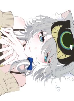 Rule 34 | 1girl, :p, absurdres, animal ear fluff, animal ears, blue bow, blue eyes, blush, bow, cat ears, cipher (honkai: star rail), cipher (sweet slumber) (honkai: star rail), commentary, grey hair, highres, honkai: star rail, honkai (series), looking to the side, magnet 8 8, off shoulder, sleep mask, spaghetti strap, tongue, tongue out, white background, white streaks, yellow nails