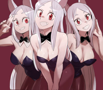 3girls animal_ears artist_request bow bowtie breasts cerberus_(helltaker) cleavage detached_collar helltaker highres looking_at_viewer multiple_girls playboy playboy_bunny red_background red_eyes siblings simple_background sisters smile source_request tagme white_hair