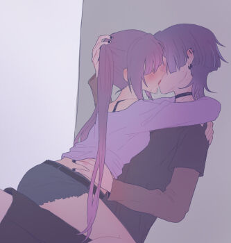 1boy 1girl against_wall arms_around_neck belt black_belt black_choker black_nails black_shirt black_shorts black_sleeves blunt_bangs blunt_ends blush brown_sleeves choker clothes_lift couple denim denim_shorts ear_piercing earrings facing_another french_kiss genshin_impact grey_shorts hair_over_eyes hand_on_another&#039;s_back hand_on_another&#039;s_head hand_on_another&#039;s_shoulder hand_under_clothes heavy_breathing hetero hug jewelry kiss layered_sleeves long_hair long_sleeves mona_(genshin_impact) multicolored_hair naysucc obscured_eyes piercing pink_hair purple_hair purple_shirt purple_sleeves purple_theme scaramouche_(genshin_impact) shirt shirt_lift short_over_long_sleeves short_sleeves shorts sidelocks sitting sitting_on_person spaghetti_strap straddling streaked_hair sweat twintails upright_straddle