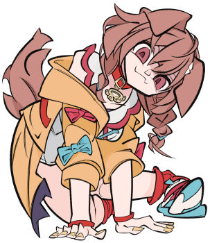 1girl animal_ears blue_bow blue_bowtie bow bowtie brown_eyes brown_hair collar cxdotchison dog_tail hashtag-only_commentary highres hololive inugami_korone jacket paw_ornament red_bow red_bowtie tail virtual_youtuber yellow_jacket yellow_nails