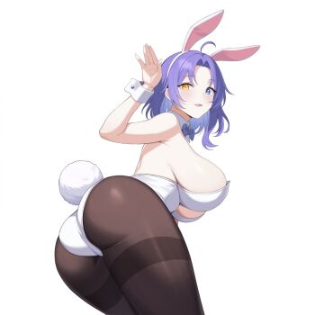 1girl ahoge animal_ears armpit_crease ass bare_shoulders bent_over blue_eyes bow bowtie breasts brown_pantyhose commission detached_collar fake_animal_ears fake_tail from_behind hairband hand_up heterochromia large_breasts leotard looking_at_viewer looking_back medium_hair open_mouth original pantyhose parted_bangs playboy_bunny purple_hair rabbit_ears rabbit_tail sideboob simple_background smile solo strapless strapless_leotard tail thighband_pantyhose white_background white_hairband white_leotard wrist_cuffs yellow_eyes ysoa26