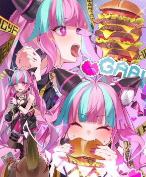 1girl antenna_hair black_boots blue_hair boots breasts burger caution_tape cheese cleavage cleavage_cutout closed_eyes closed_mouth clothing_cutout eating eureka_814 food highres holding holding_burger holding_food large_breasts lilanthim_(shadowverse) long_hair looking_at_viewer multicolored_hair own_hands_together pants pink_eyes pink_hair pink_nails pink_skirt shadowverse shadowverse:_worlds_beyond skirt smile star-shaped_pupils star_(symbol) streaked_hair symbol-shaped_pupils teeth tomato tomato_slice tongue tongue_out