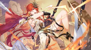 1girl absurdres akira_(5888172) ancient_greek_clothes arm_armor armor augusta_(wuthering_waves) breastplate breasts commentary dress earrings electricity greatsword greco-roman_clothes headgear highres holding holding_sword holding_weapon jewelry large_breasts leg_up looking_ahead open_mouth orange_hair orange_sky outdoors red_eyes sky solo sun_earrings sword thighs weapon white_dress wuthering_waves