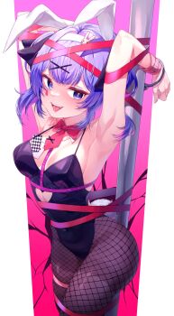 1girl absurdres ace_(playing_card) ace_of_hearts animal_ears black_leotard blue_eyes blue_hair bound bound_arms bound_legs bound_wrists bow bowtie breasts card clothing_cutout commentary_request cuffs cutout_above_navel detached_collar drooling fake_animal_ears fishnet_pantyhose fishnets hair_ornament handcuffs hatsune_miku heart heart_cutout highleg highleg_leotard highres leotard medium_breasts object_in_bra open_mouth pantyhose playboy_bunny playing_card pole rabbit_hole_(vocaloid) rabbit_tail short_hair solo stripper_pole taemin tail teardrop_facial_mark tongue tongue_out traditional_bowtie vocaloid wrist_cuffs x_hair_ornament
