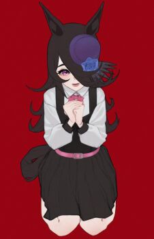 Rule 34 | 1girl, absurdres, anemoneeanemone, animal ears, bare legs, belt, black dress, black hair, blue flower, blue rose, bow, bowtie, dress, flower, full body, hair over one eye, hat, hat flower, highres, horse ears, horse girl, horse tail, long hair, long sleeves, looking at viewer, mini hat, own hands together, pinafore dress, pink belt, pink bow, pink bowtie, pink eyes, pleated dress, purple hat, red background, rice shower (umamusume), rose, shirt, simple background, sleeveless, sleeveless dress, solo, tail, tilted headwear, umamusume, white shirt