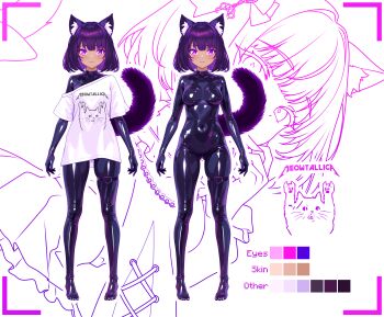 1girl absurdres animal_ears black_bodysuit bodysuit breasts cat_ears cat_girl cat_tail closed_mouth commentary commentary_typo covered_navel dark-skinned_female dark_skin english_commentary finn_flint finn_flint_(vtuber) highres latex latex_bodysuit looking_at_viewer metallica original purple_eyes purple_hair reference_sheet shiny_clothes shirt short_hair small_breasts t-shirt tail white_shirt