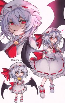 &gt;_&lt; 1girl :d ascot bat_wings blue_hair blush bow brooch closed_eyes collared_shirt commentary_request fang flower frilled_shirt_collar frills full_body hair_between_eyes hat hat_ribbon heart highres holding holding_flower jewelry looking_at_viewer mob_cap multiple_views open_mouth pink_hat pink_shirt pink_shoes pink_skirt pointy_ears puffy_short_sleeves puffy_sleeves red_ascot red_bow red_eyes red_ribbon remilia_scarlet ribbon shirt shoes short_hair short_sleeves simple_background skirt skirt_set smile suigyu_xxx tongue tongue_out touhou twitter_username white_background wings wrist_cuffs yellow_flower