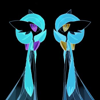 Rule 34 | 2girls, alternate color, alternate shiny pokemon, arms at sides, big mame, black background, black sclera, black skin, blue hair, blue skin, bob cut, colored sclera, colored skin, female focus, flat chest, from side, gardevoir, gen 3 pokemon, hair over one eye, inverted colors, looking at viewer, multicolored skin, multiple girls, nintendo, no mouth, one eye covered, orange eyes, pokemon, pokemon (creature), purple eyes, short hair, simple background, sketch, standing, symmetry, textless version, two-tone skin