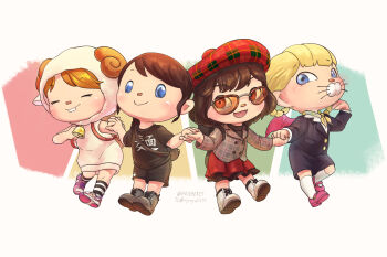 Rule 34 | 4girls, animal costume, animal crossing, backpack, bag, black shirt, blonde hair, blue eyes, boots, braid, braided hair rings, brown eyes, brown hair, clothes writing, commentary, hair rings, hat, highres, hoishere7, holding hands, mary janes, multiple girls, nintendo, red hat, sheep costume, shirt, shoes, smile, sneakers, socks, striped clothes, striped socks, translation request, villager (animal crossing)