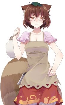 Rule 34 | 1girl, animal ears, bag, breasts, brown hair, brown shirt, cleavage, collarbone, commentary request, cowboy shot, crote, fingernails, futatsuiwa mamizou, glasses, hair between eyes, hand on own hip, hand up, highres, holding, holding bag, large variant set, leaf, leaf on head, looking at viewer, orange eyes, pince-nez, raccoon ears, raccoon girl, raccoon tail, red skirt, shirt, short hair, simple background, skirt, smile, solo, tachi-e, tail, teeth, touhou, transparent background, variant set