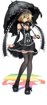 Rule 34 | 1girl, absurdres, bare shoulders, black bow, black choker, black dress, black flower, black rose, black shoes, black thighhighs, blonde hair, blush, bow, bowtie, breasts, choker, cleavage, closed mouth, commentary request, curtained hair, detached sleeves, dress, flower, frilled choker, frills, full body, gothic lolita, green eyes, hairband, highres, holding, holding umbrella, kokorone rimi, lolita fashion, mary janes, matsuena shun, medium breasts, official art, rose, shijou saikyou no deshi ken'ichi, shoes, short dress, short hair, simple background, sleeveless, smile, solo, standing, thighhighs, thighs, umbrella, white background, white bow