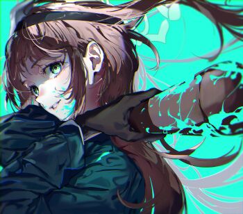 Rule 34 | 1girl, airi (blue archive), airi (halloween) (blue archive), baseball bat, black gloves, blue archive, brown hair, from side, gloves, green background, green eyes, green halo, halloween costume, halo, hanozuku, highres, holding, looking at viewer, mask, mask on head, official alternate costume, paint splatter, portrait, solo, teeth