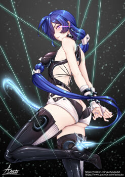 1girl adsouto arms_behind_back black_leotard black_thighhighs blue_hair boots bound bound_wrists breasts commentary earrings eye_trail hair_over_one_eye high_heel_boots high_heels highres jewelry leotard light_trail long_hair looking_at_viewer medium_breasts promeia_(zenless_zone_zero) purple_eyes signature solo standing standing_on_one_leg string thigh_boots thighhighs variant_set very_long_hair zenless_zone_zero