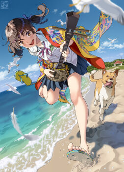 1girl aoi_sora_(pairan) artist_logo bare_legs beach bingata bird black_hair blue_ribbon blue_skirt brown_eyes cloud collared_shirt commentary day dog feathers fingerpick flip-flops footprints hair_ornament hair_ribbon hairclip highres holding holding_instrument instrument logo low_twintails name_tag ocean okinawa open_collar open_mouth original outdoors pairan pink_ribbon pleated_skirt ribbon running sandals sanshin seagull shirt short_hair single_bare_foot skirt smile summer tree twintails utility_pole water_drop white_shirt wing_collar yellow_sandals