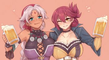 alcohol artist_name bare_shoulders beer beer_mug braid breast_press breasts choker cleavage coat collarbone commentary commission cup curtained_hair dark-skinned_female dark_skin detached_sleeves double-parted_bangs earrings eiyuu_densetsu english_commentary facial_mark forehead_mark green_eyes hair_bun hairband hajimari_no_kiseki holding holding_cup hoop_earrings jewelry large_breasts licking_lips long_hair long_sleeves looking_at_viewer mug one_eye_closed parted_bangs parted_lips pink_background pink_hair red_hairband sara_valestein scherazard_harvey sen_no_kiseki_(series) simple_background single_braid smile symoca tan tongue tongue_out upper_body white_hair wing_collar yellow_eyes