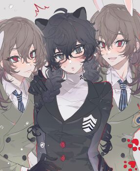 1boy 2girls absurdres akechi_gorou amamiya_ren animal_ears black_eyes black_gloves black_hair black_jacket blazer blush braid breasts brown_hair brown_jacket buttons cat_ears chinese_commentary clone clone_harem closed_mouth collared_shirt commentary_request genderswap genderswap_(mtf) glasses gloves hair_between_eyes hand_on_another&#039;s_shoulder hands_on_another&#039;s_waist highres jacket kemonomimi_mode lapels large_breasts long_hair long_sleeves looking_at_another looking_at_viewer multiple_girls necktie nervous_sweating open_mouth persona persona_5 qingshi380 rabbit_ears red_eyes school_uniform shirt shuujin_academy_school_uniform simple_background striped_necktie sweat turtleneck twin_braids upper_body white_shirt