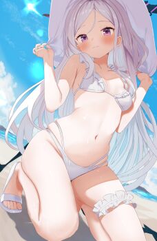 1girl alternate_costume armpit_crease beach bikini black_wings blue_archive blue_sky blush breasts closed_mouth cloud collarbone commentary_request demon_horns demon_wings feet frilled_bikini frilled_thigh_strap frills from_below grey_hair hair_over_shoulder hands_up hat highres hina_(blue_archive) horns kneehighs kneeling large_hat loli long_hair looking_at_viewer low_wings naiyoubuding navel ocean outdoors pink_eyes sandals sidelocks sky small_breasts socks solo split_mouth straight_hair sunlight swimsuit thigh_strap toenails toes very_long_hair white_bikini white_hat white_sandals wings