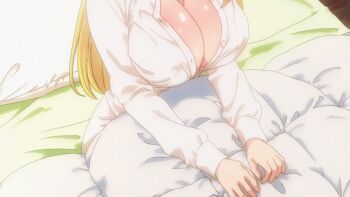 Rule 34 | 1girl, 2022, 20s, animated, animated gif, anime screenshot, bed, blonde hair, blue eyes, blush, breasts, cleavage, collarbone, enome, from above, futoku no guild, huge breasts, indoors, long hair, long sleeves, mature female, naked shirt, no bra, on bed, shirt, sweat, tagme, wet, wet clothes, wet shirt, white shirt