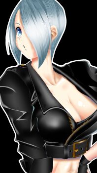 1girl angel_(kof) blue_eyes breasts curvy female_focus huge_breasts jacket large_breasts leather looking_at_viewer pale_skin short_hair the_king_of_fighters tombo_ura white_hair