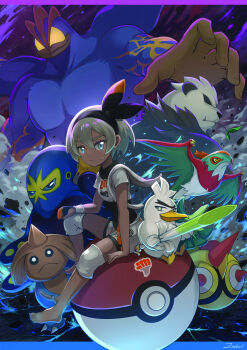 1girl absurdres barefoot bea_(pokemon) black_bodysuit black_hairband bodysuit bodysuit_under_clothes collared_shirt commentary dark-skinned_female dark_skin dynamax dynamax_band edy_setiawan_wijaya english_commentary falinks gen_1_pokemon gen_2_pokemon gen_6_pokemon gen_8_pokemon gigantamax gigantamax_machamp gloves grapploct grey_hair gym_leader hair_between_eyes hairband hawlucha highres hitmontop knee_pads looking_at_viewer looking_to_the_side machamp nintendo pangoro poke_ball poke_ball_(basic) pokemon pokemon_(creature) pokemon_swsh print_shirt print_shorts shirt short_hair short_sleeves shorts single_glove sirfetch'd