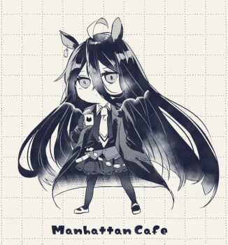 1girl ahoge animal_ears belt character_name chibi chibi_only closed_mouth coat collared_shirt commentary_request cup dot_mouth ear_ornament ear_tag earrings expressionless grey_hair grid_background hand_in_pocket holding holding_cup horse_ears horse_girl jewelry long_hair long_sleeves manhattan_cafe_(creeping_black)_(umamusume) manhattan_cafe_(umamusume) mii_(sogemasaru) mug multicolored_hair necktie open_clothes open_coat pleated_skirt shirt single_earring skirt solo steam steaming_cup umamusume very_long_hair vest white_background