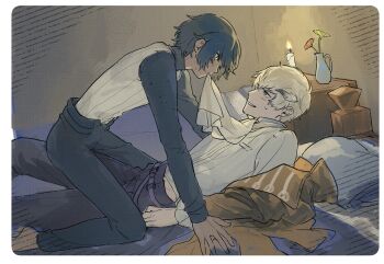 Rule 34 | 2boys, abi 07km, bed, black pants, blue hair, blush, border, candle, dark-skinned male, dark skin, flower, from side, horns, indoors, long sleeves, lying, male focus, metaphor: refantazio, mouth hold, multiple boys, on back, pants, pillow, protagonist (metaphor: refantazio), red flower, shirt, straddling, strohl (metaphor: refantazio), sweat, vest, white border, yaoi, yellow eyes