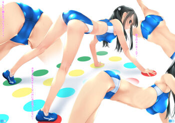 1girl bad_tag bent_over bikini black_hair blush breasts cameltoe female_focus helmet murakami_suigun original shoes shorts sneakers solo sportswear swimsuit tagme twister_(game)